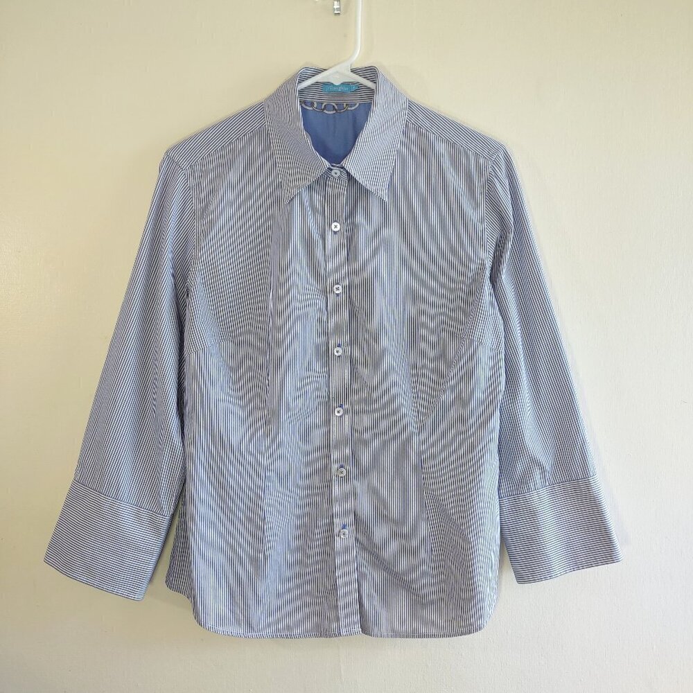 J. McLaughlin Whitney Blouse Blue Stripe 3/4 Sleeve Button Up Classic Size 6 - Picture 5 of 8